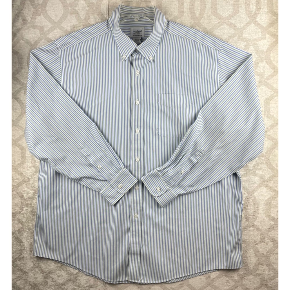 L.L. Bean Traditional Fit Mens 17.5 35 Blue Green Striped Cotton Button Shirt